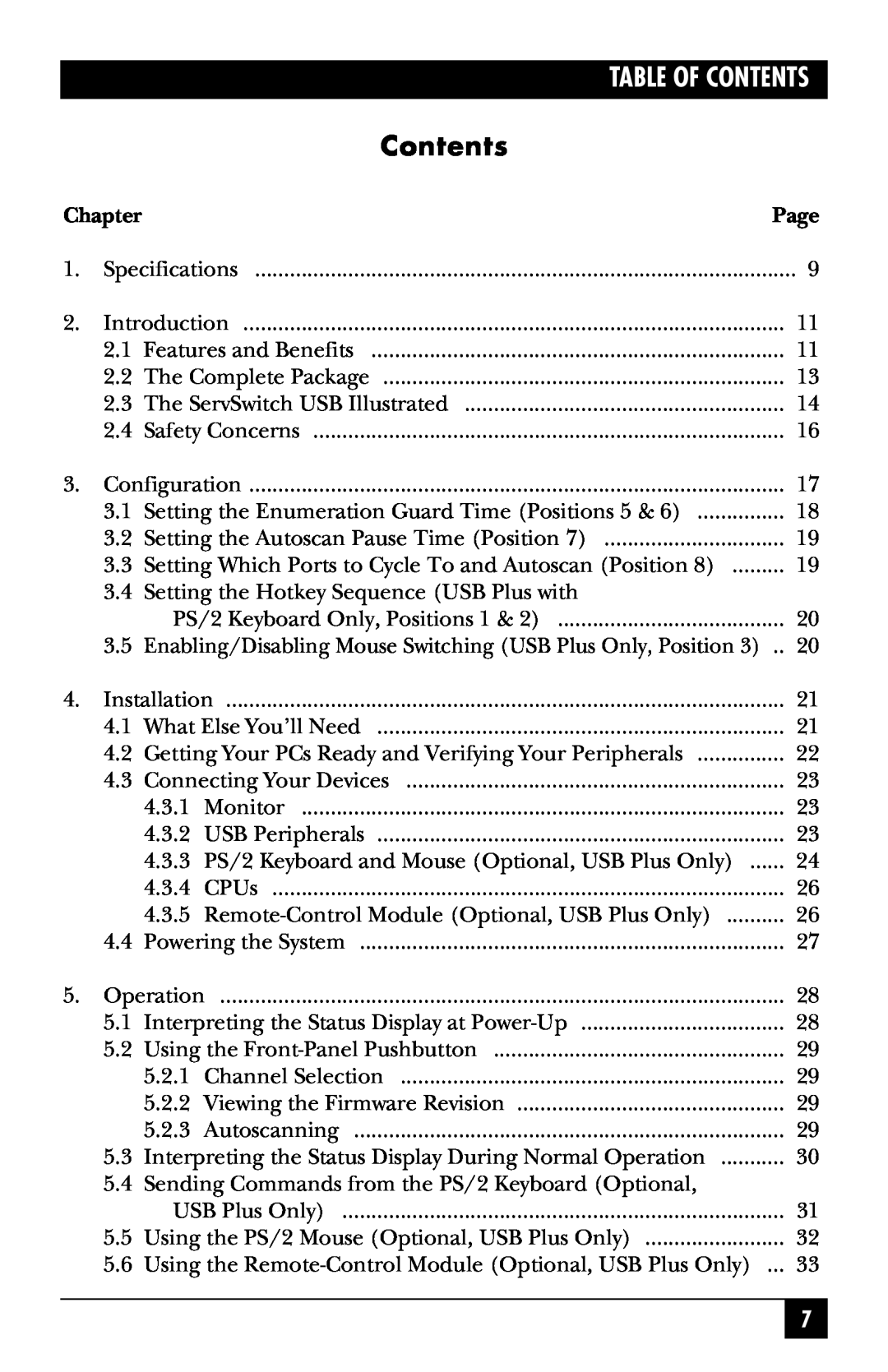 Black Box KV812A, KV822A manual Table Of Contents, Chapter, Page 