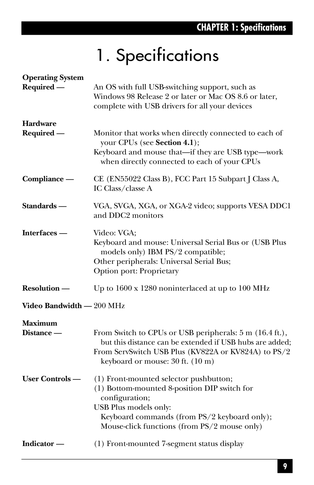 Black Box KV812A, KV822A manual Specifications 