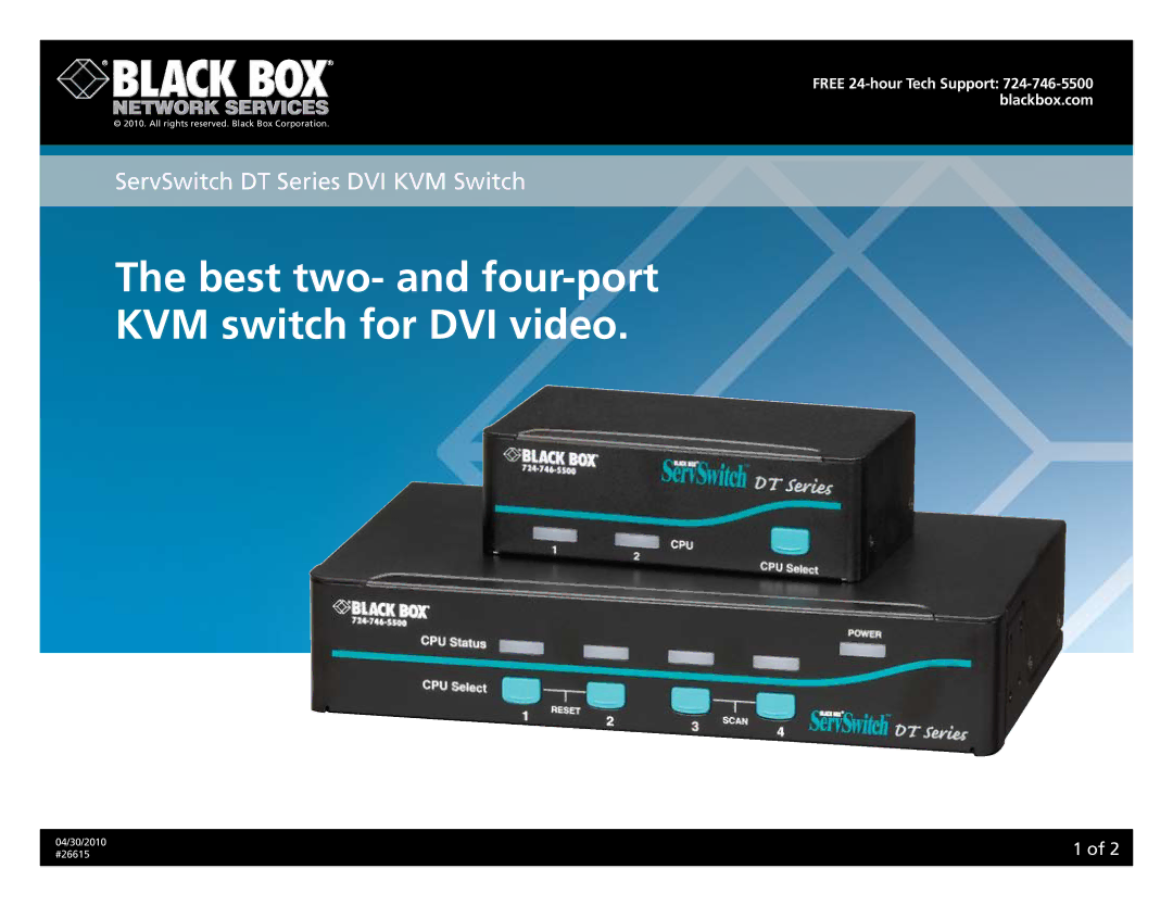 Black Box KV9502A, KV9504A, 26615 manual Best two- and four-port KVM switch for DVI video 