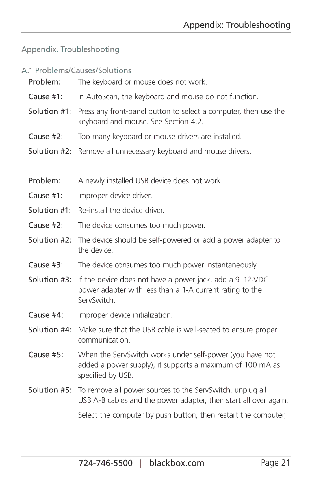 Black Box ServSwitch DT Series USB/DVI/Audio KVM Switches, KV9612A, KV9614A manual Appendix Troubleshooting 