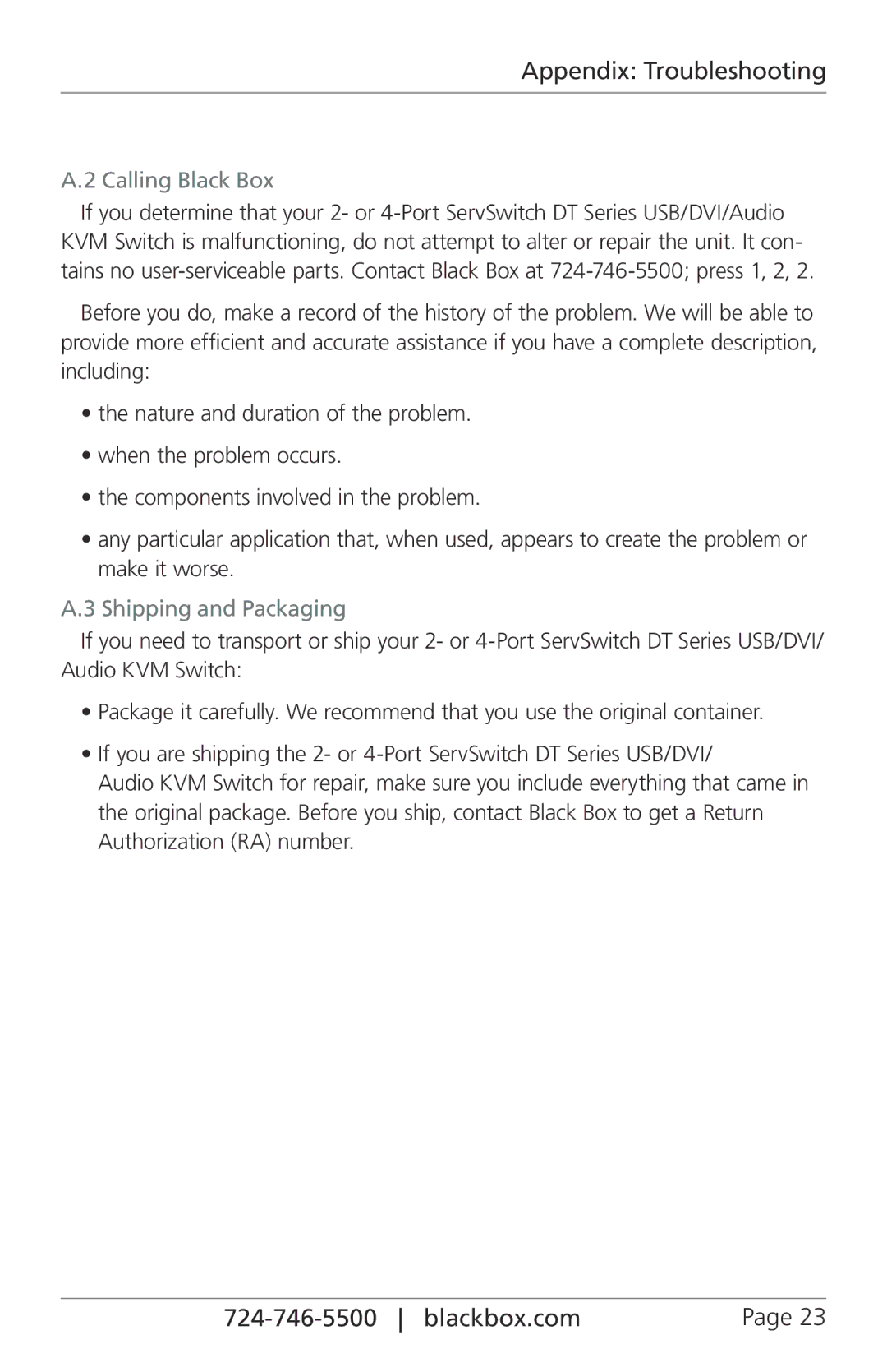 Black Box KV9614A, KV9612A, ServSwitch DT Series USB/DVI/Audio KVM Switches manual Calling Black Box, Shipping and Packaging 