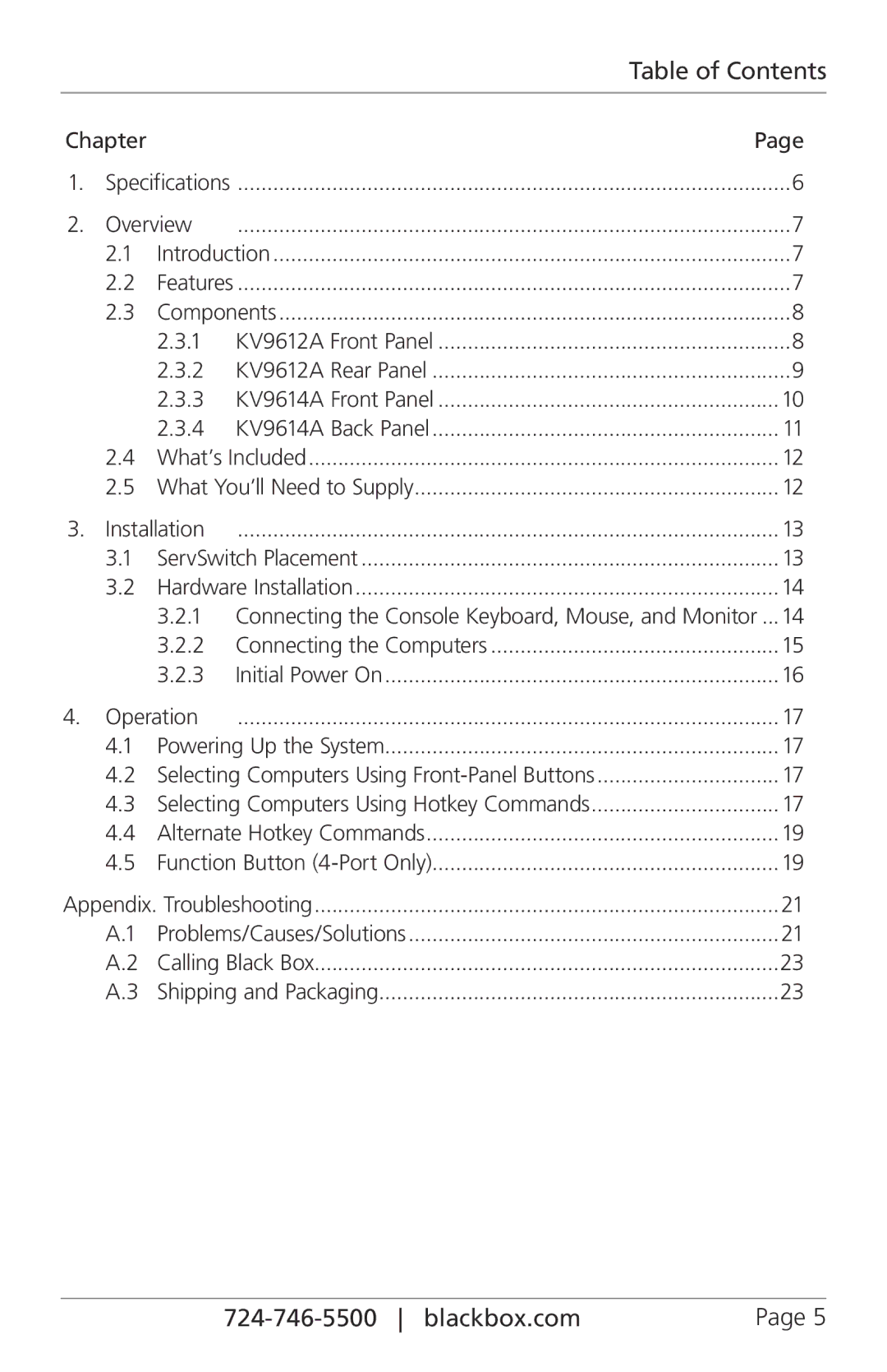 Black Box KV9614A, KV9612A, ServSwitch DT Series USB/DVI/Audio KVM Switches manual Table of Contents 