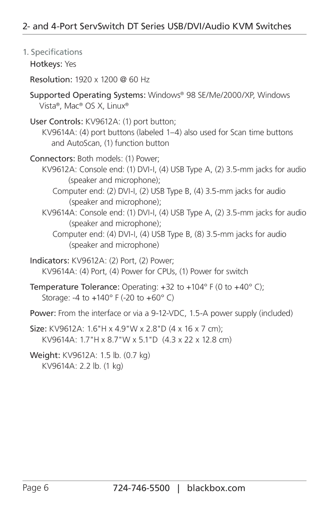 Black Box ServSwitch DT Series USB/DVI/Audio KVM Switches, KV9612A, KV9614A manual Specifications 