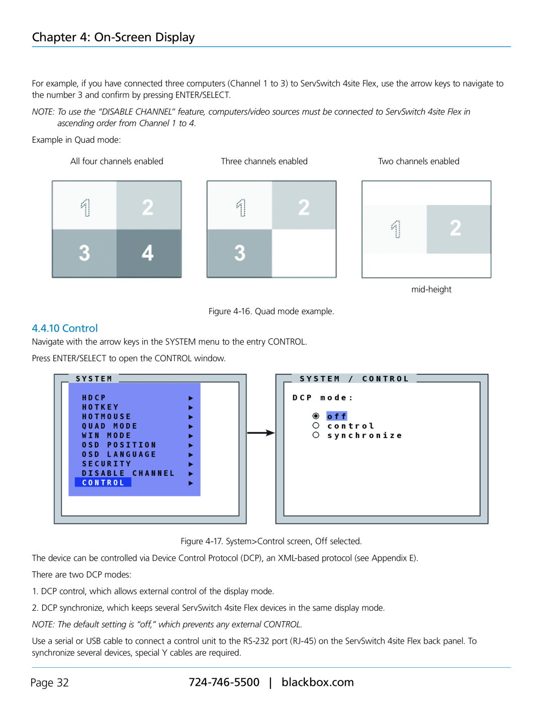 Black Box KVP40004A, servswitch 4site flex manual Control, On-Screen Display, Page 