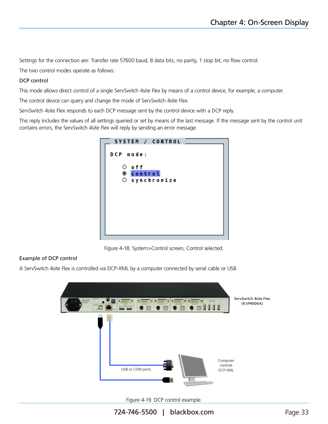 Black Box servswitch 4site flex, KVP40004A manual On-Screen Display, Page, DCP control 