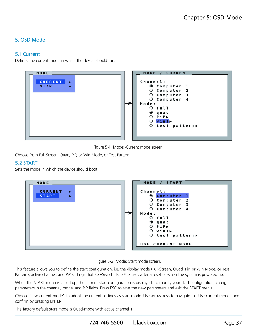 Black Box servswitch 4site flex, KVP40004A manual OSD Mode 5.1 Current, Start, Page 