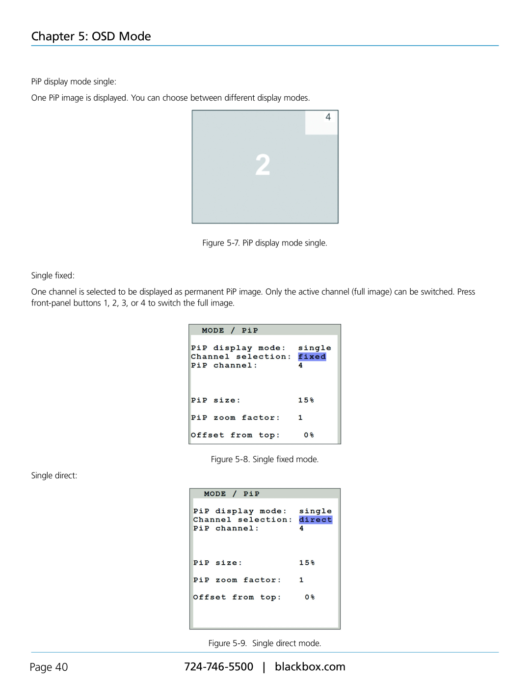 Black Box KVP40004A, servswitch 4site flex manual OSD Mode, Page, PiP display mode single 