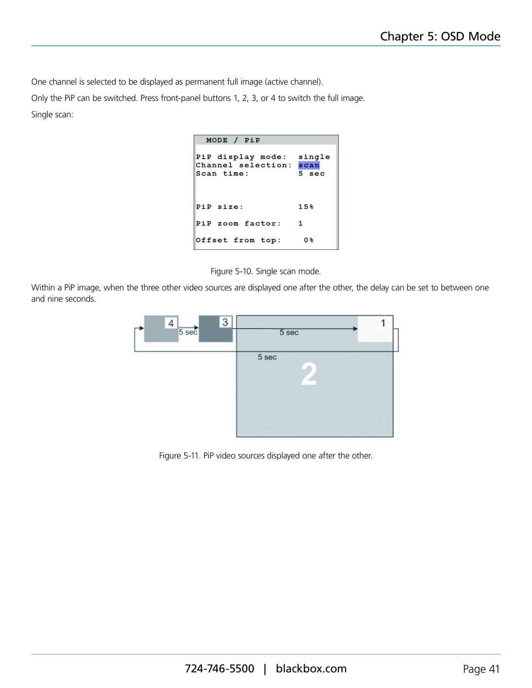Black Box servswitch 4site flex, KVP40004A manual OSD Mode, Page, Single scan -10. Single scan mode 