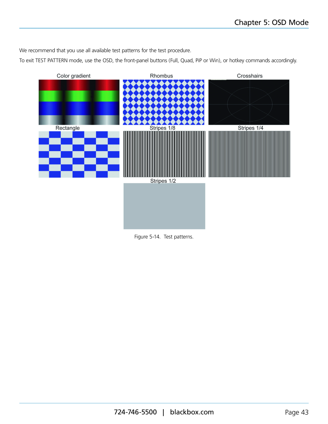 Black Box servswitch 4site flex, KVP40004A manual OSD Mode, Page, 14. Test patterns 