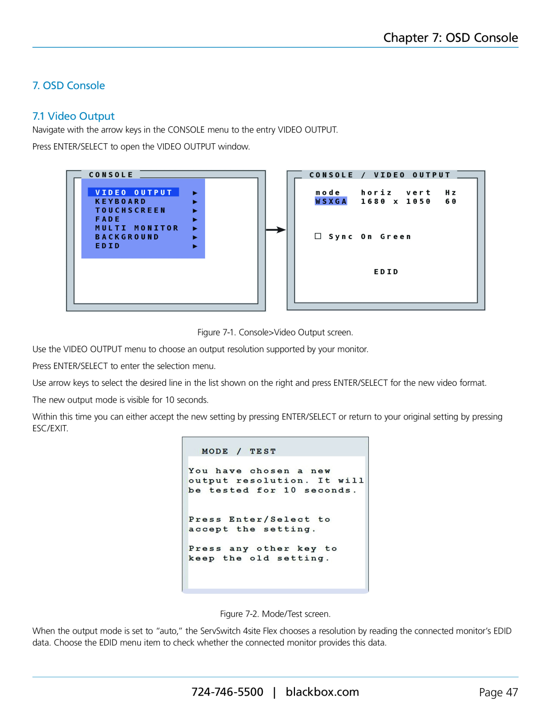 Black Box servswitch 4site flex, KVP40004A manual OSD Console 7.1 Video Output, Page 