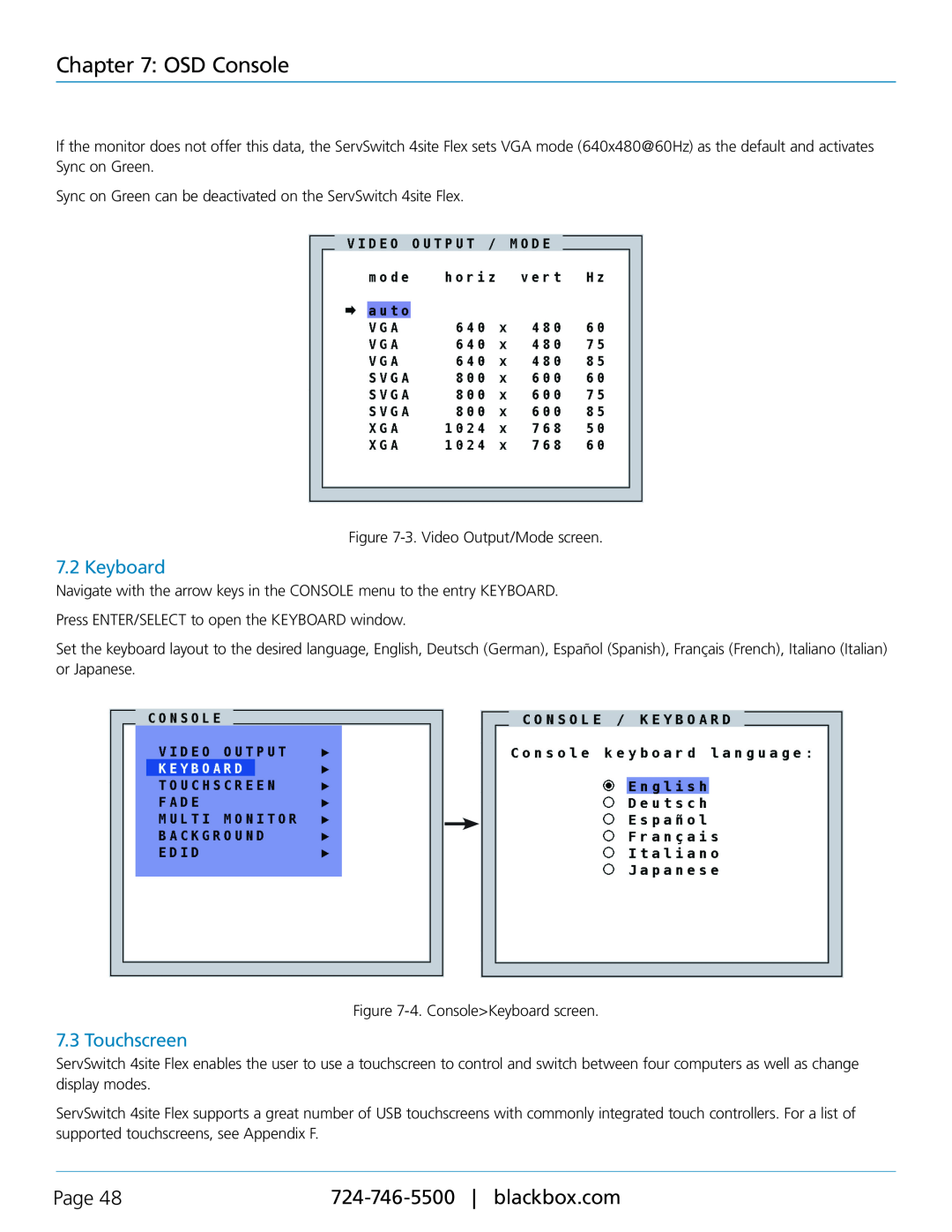 Black Box KVP40004A, servswitch 4site flex manual Keyboard, Touchscreen, OSD Console, Page 