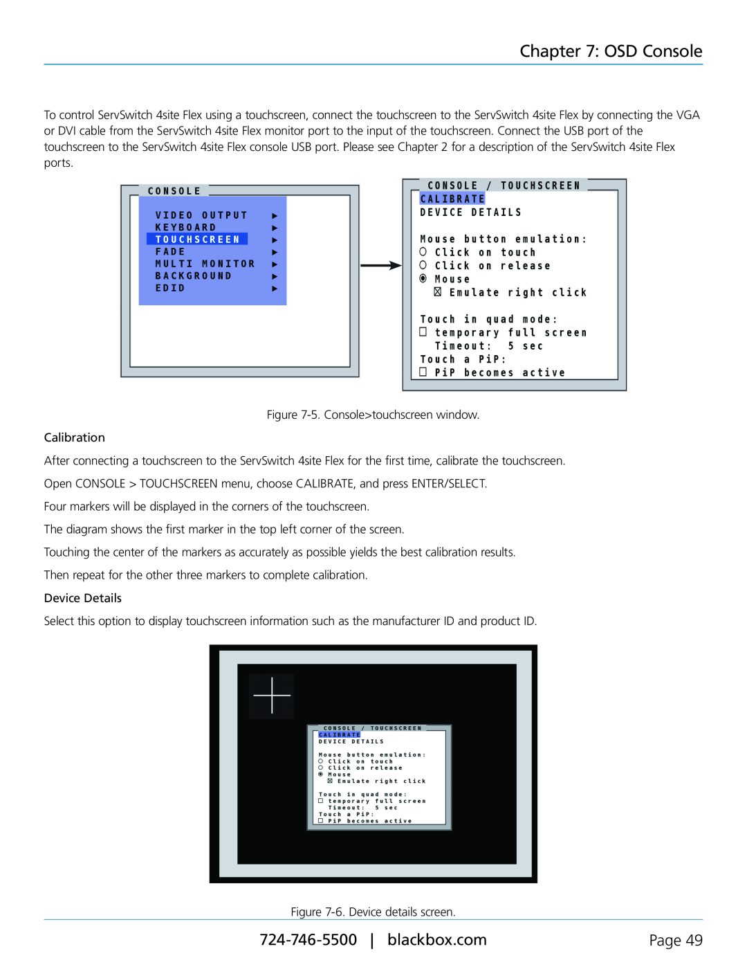 Black Box servswitch 4site flex, KVP40004A manual OSD Console, Page, 5. Consoletouchscreen window Calibration 