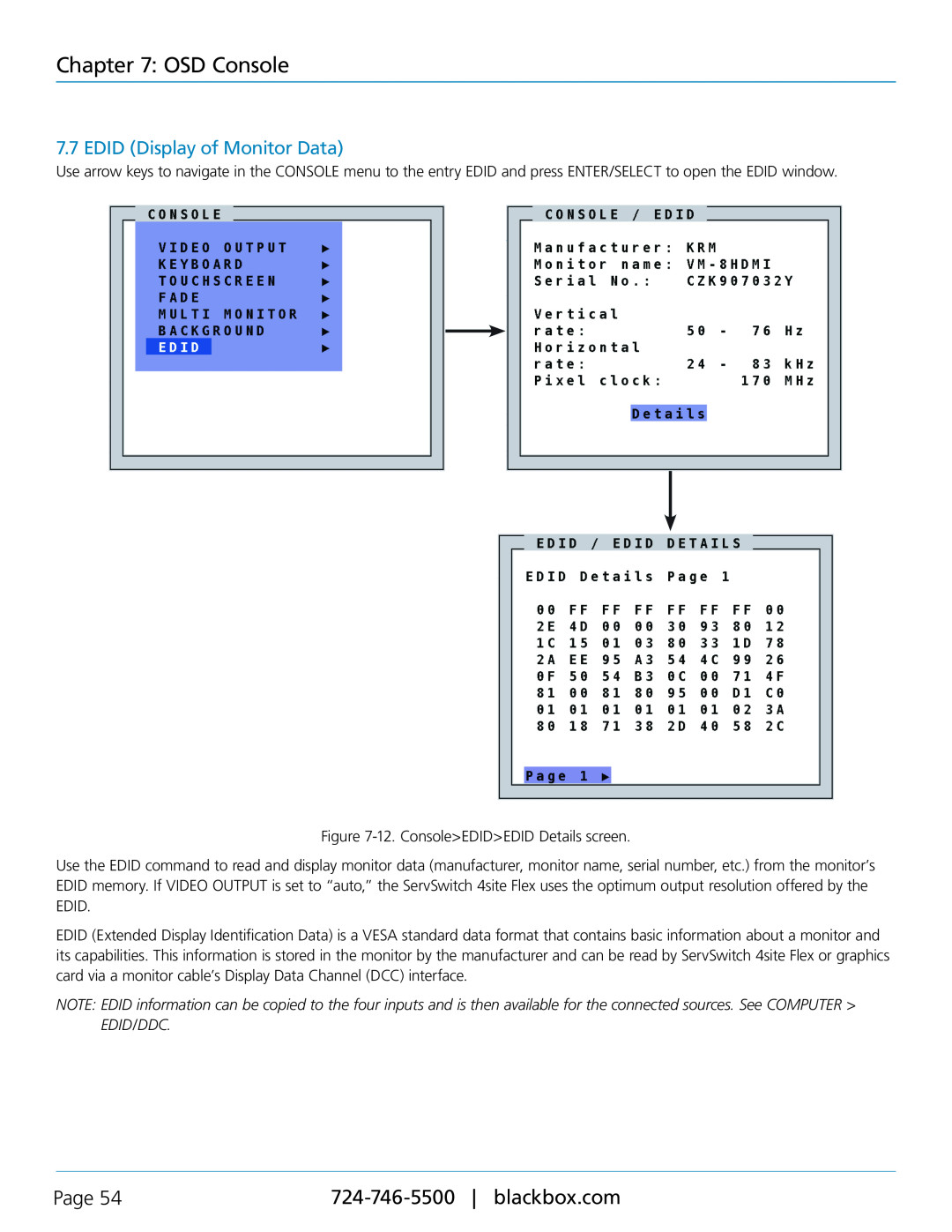 Black Box KVP40004A, servswitch 4site flex manual EDID Display of Monitor Data, OSD Console, Page 