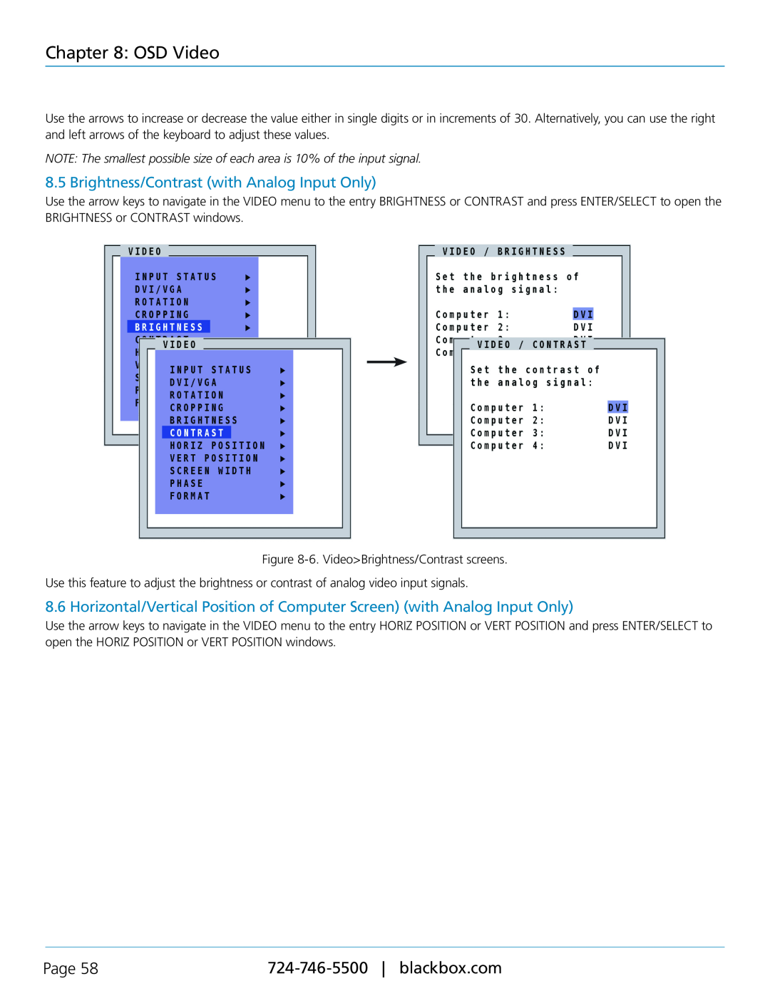 Black Box KVP40004A, servswitch 4site flex manual Brightness/Contrast with Analog Input Only, OSD Video, Page 