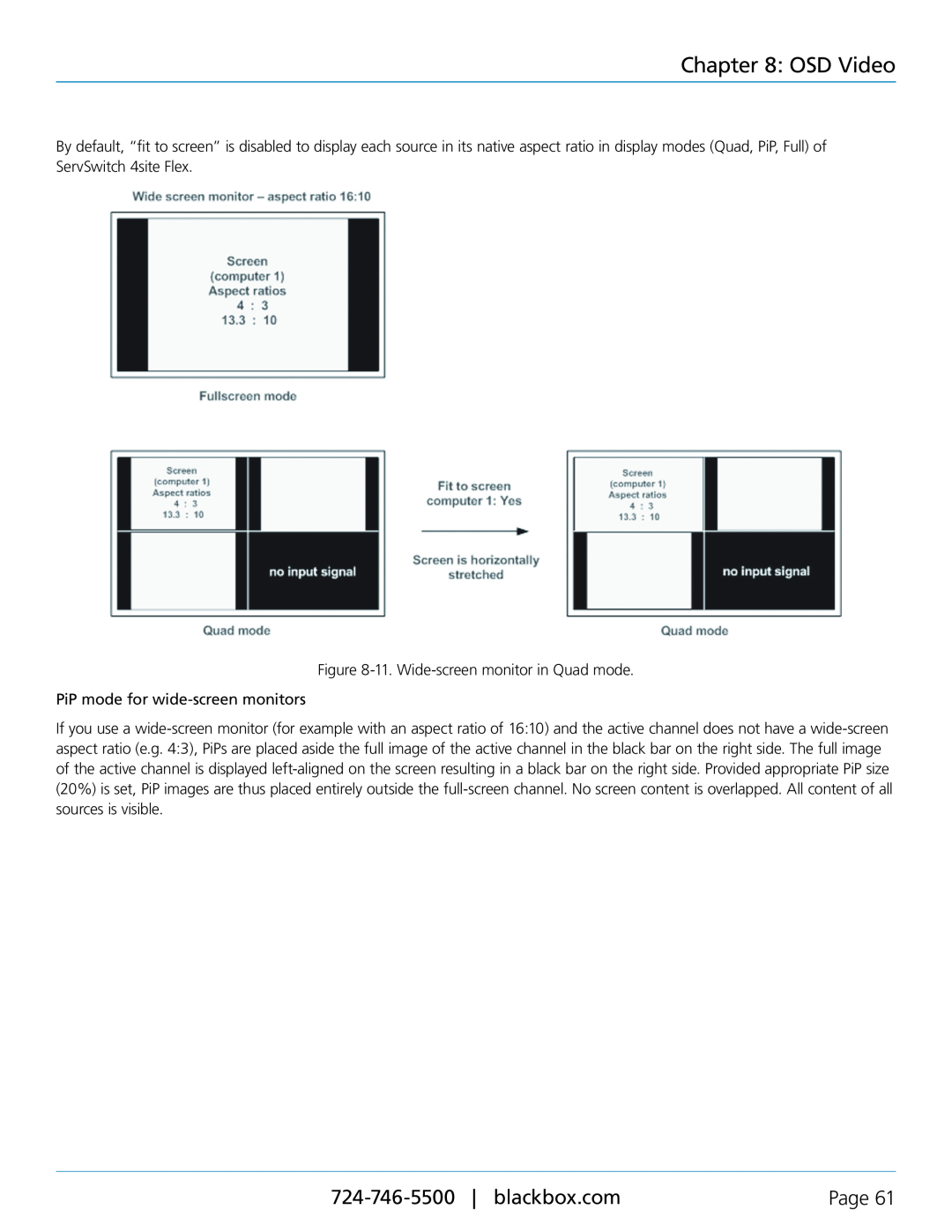 Black Box servswitch 4site flex, KVP40004A manual OSD Video, Page, 11. Wide-screen monitor in Quad mode 