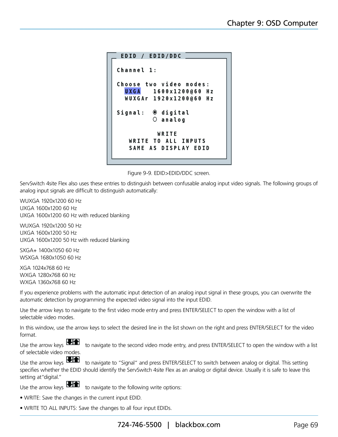 Black Box servswitch 4site flex, KVP40004A manual OSD Computer, Page, 9. EDIDEDID/DDC screen 