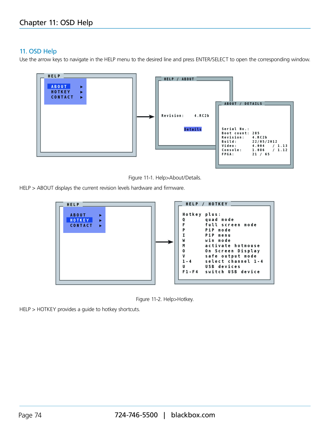 Black Box KVP40004A, servswitch 4site flex manual OSD Help, Page 