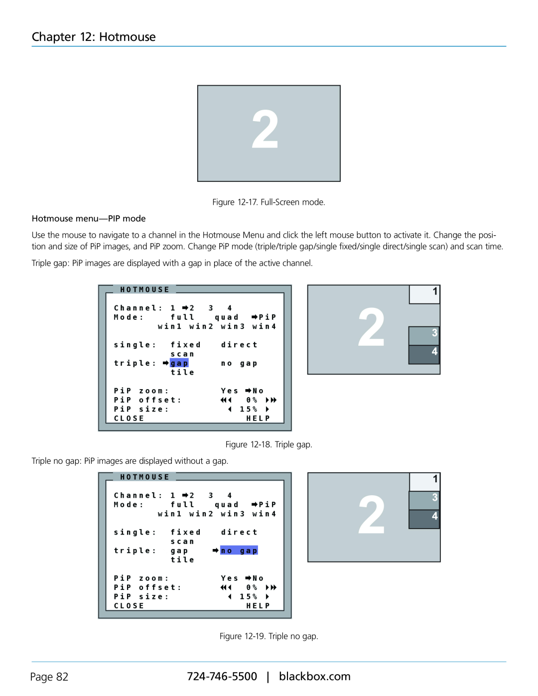 Black Box KVP40004A, servswitch 4site flex manual Page, 17. Full-Screen mode Hotmouse menu-PIP mode 