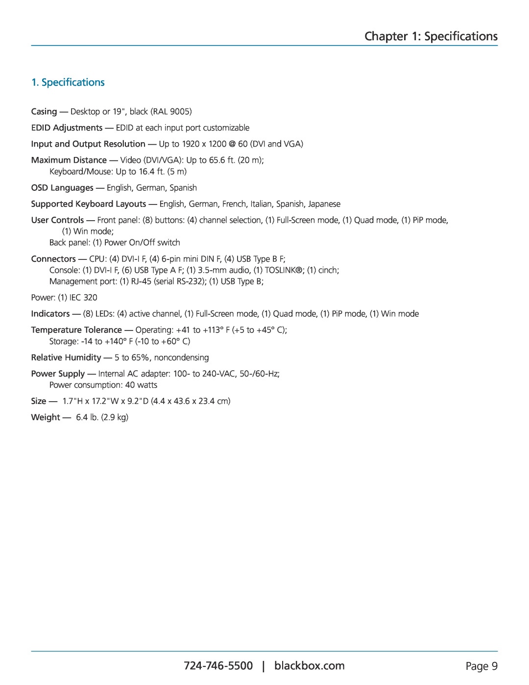 Black Box servswitch 4site flex, KVP40004A manual Specifications, Page 