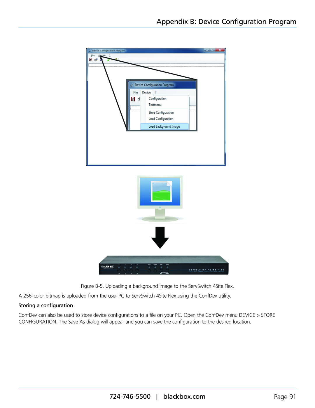 Black Box servswitch 4site flex, KVP40004A manual Appendix B Device Configuration Program, Page, Storing a configuration 