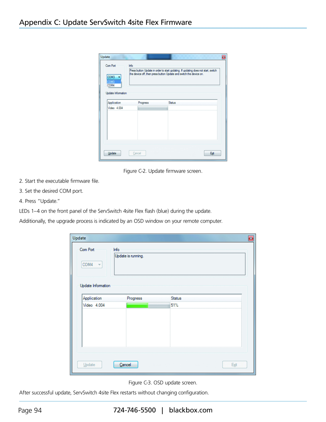 Black Box KVP40004A manual Appendix C Update ServSwitch 4site Flex Firmware, Page, Figure C-2. Update firmware screen 