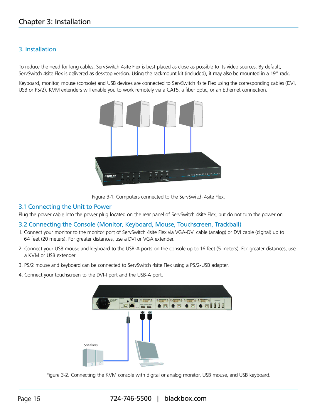 Black Box KVP40004A, servswitch 4site flex manual Installation, Connecting the Unit to Power 