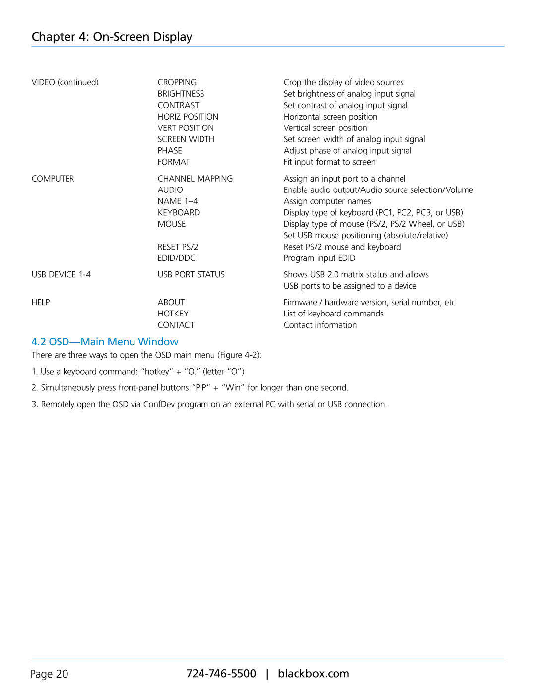 Black Box KVP40004A, servswitch 4site flex manual OSD-Main Menu Window 