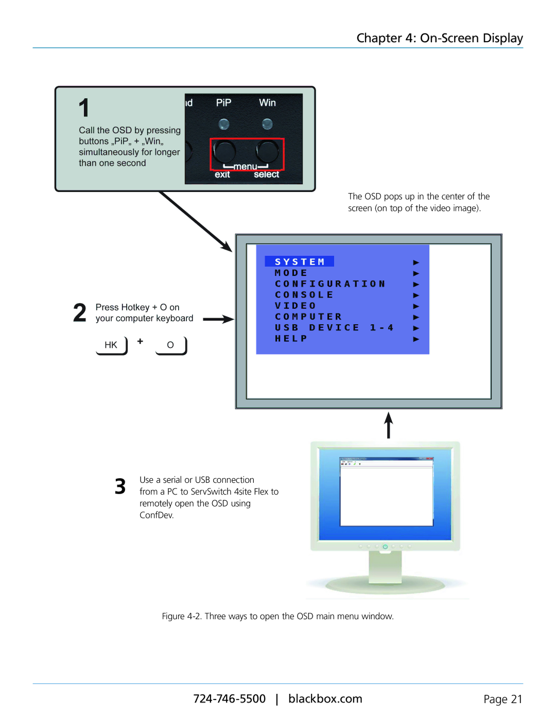 Black Box servswitch 4site flex, KVP40004A manual Three ways to open the OSD main menu window 