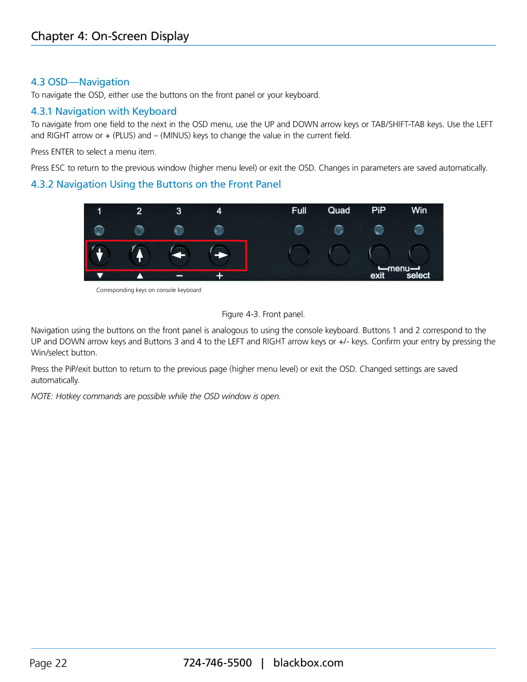 Black Box KVP40004A manual OSD-Navigation, Navigation with Keyboard, Navigation Using the Buttons on the Front Panel 