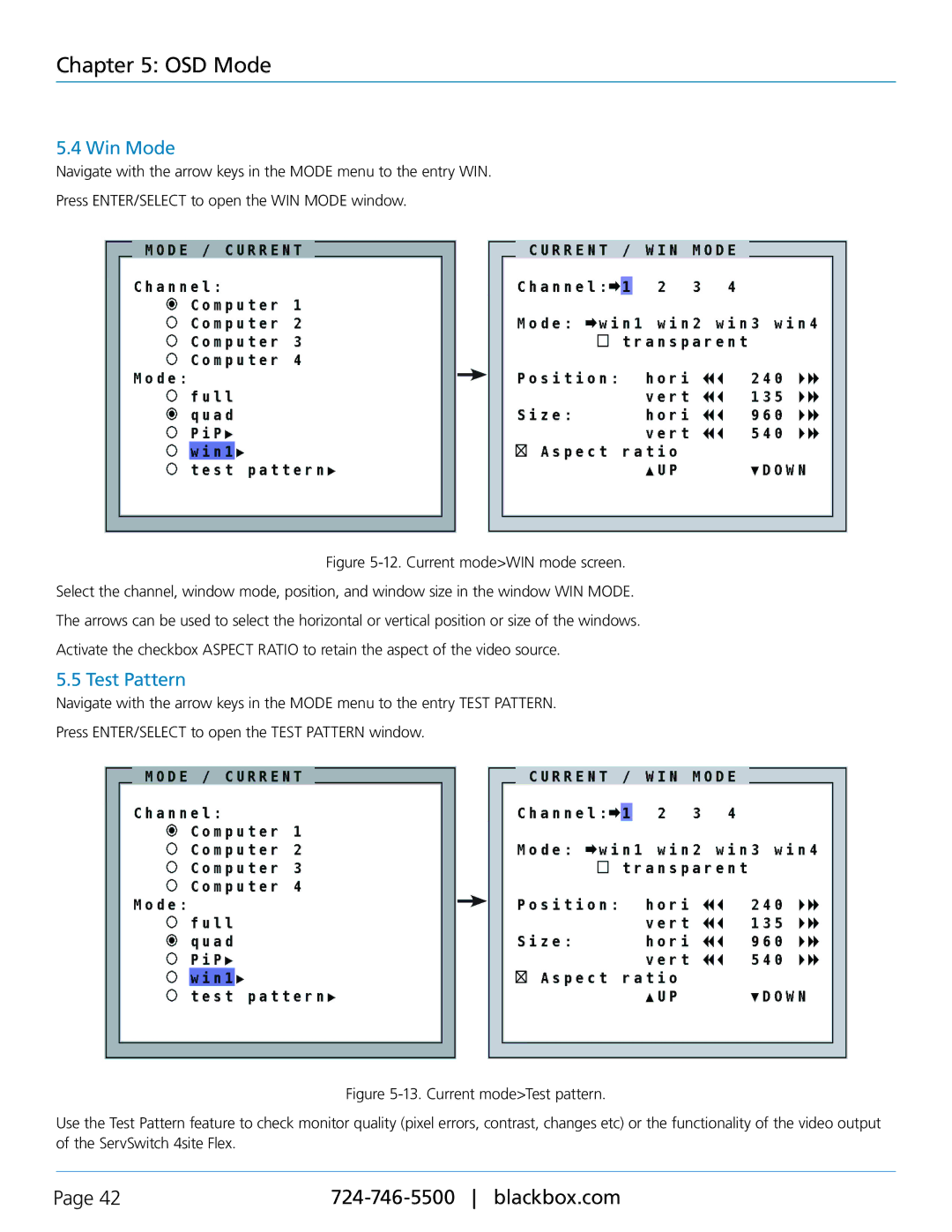 Black Box KVP40004A, servswitch 4site flex manual Win Mode, Test Pattern 