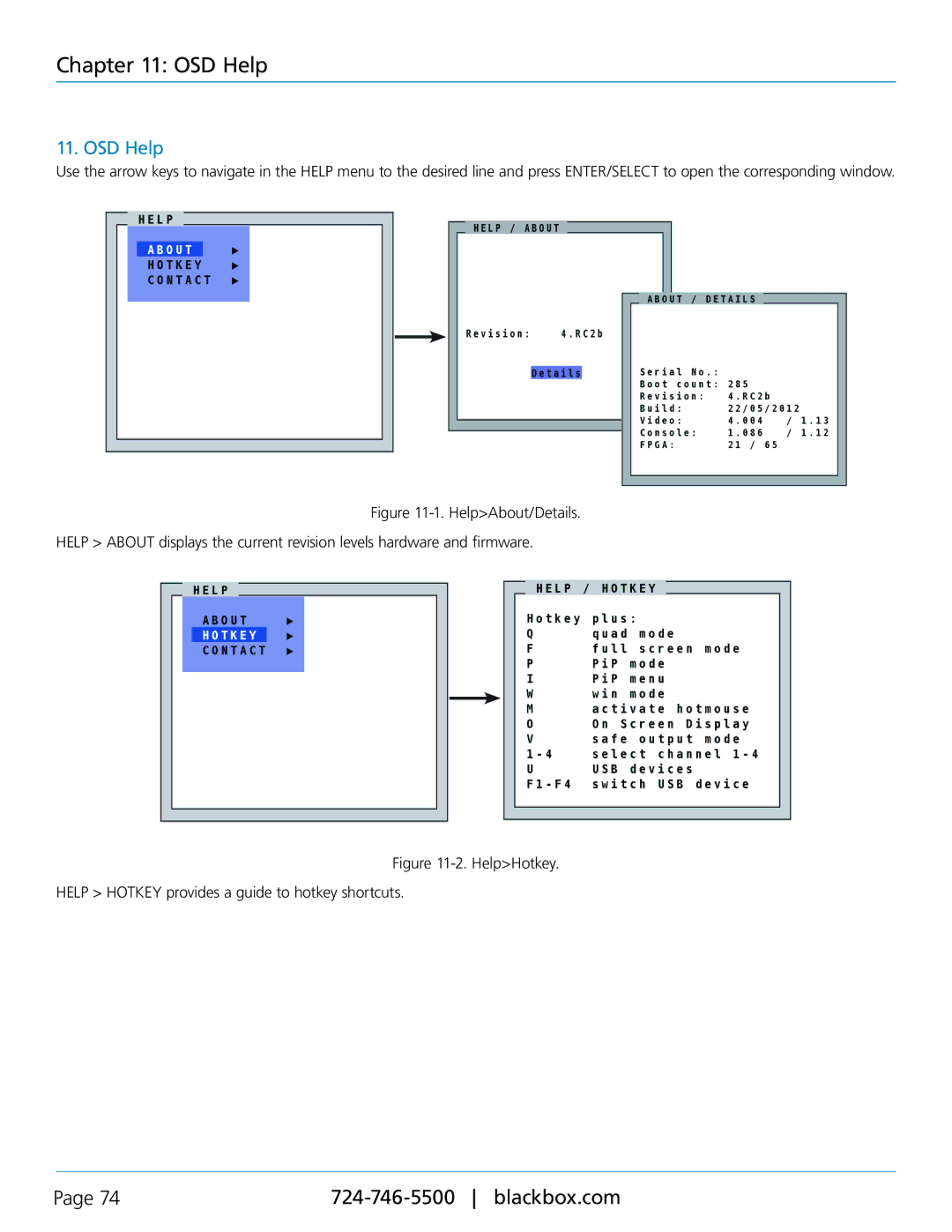 Black Box KVP40004A, servswitch 4site flex manual OSD Help 