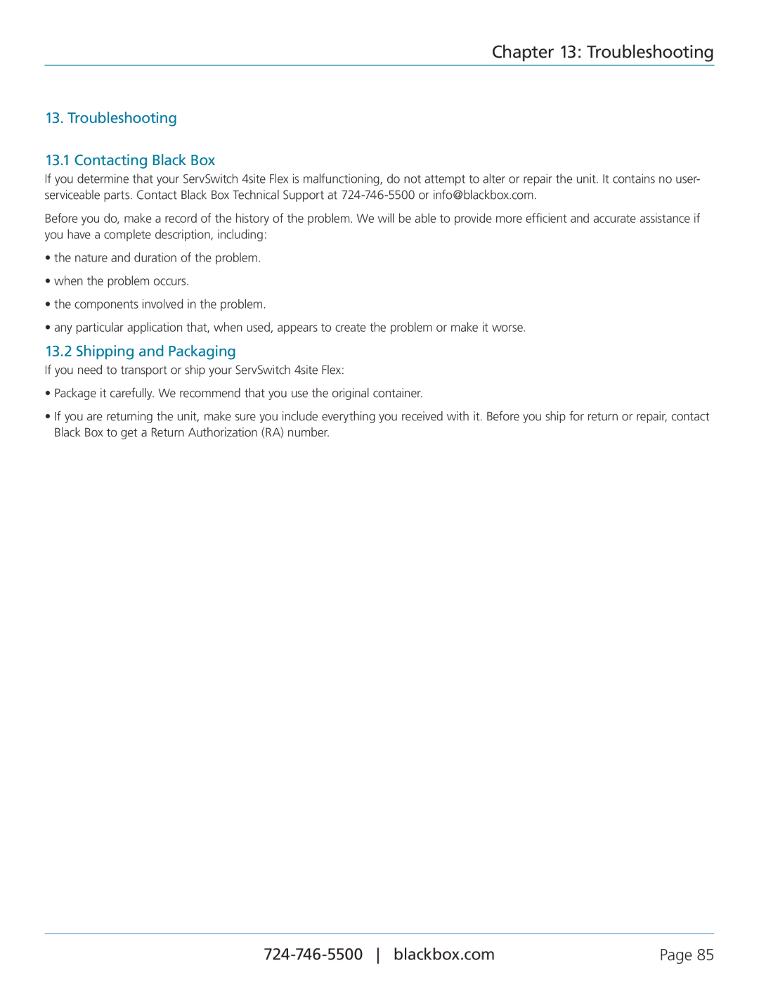 Black Box servswitch 4site flex, KVP40004A manual Troubleshooting Contacting Black Box, Shipping and Packaging 