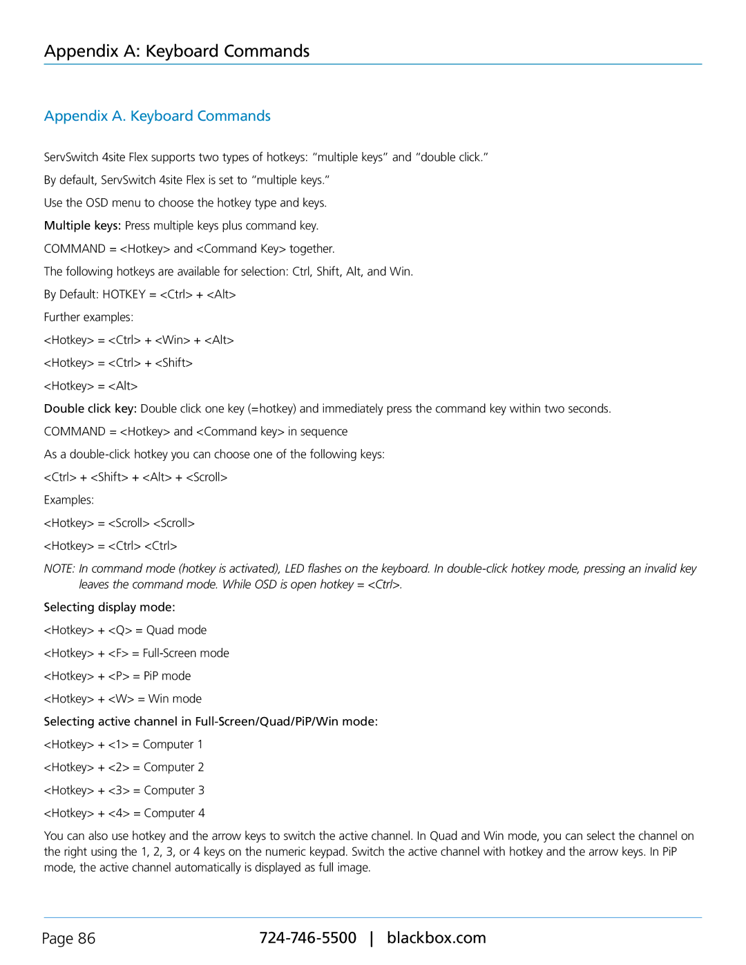 Black Box KVP40004A, servswitch 4site flex manual Appendix a Keyboard Commands, Appendix A. Keyboard Commands 