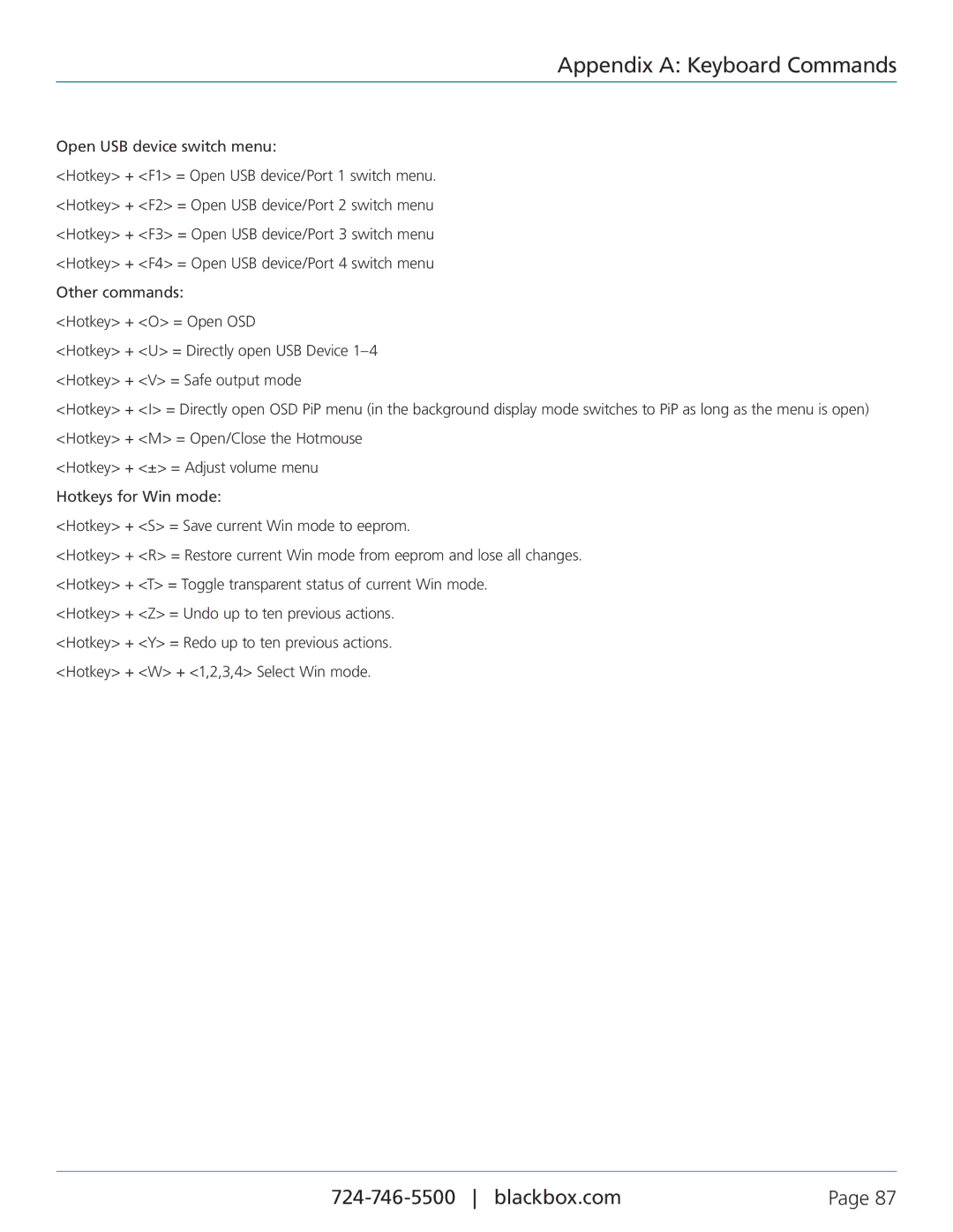 Black Box servswitch 4site flex, KVP40004A manual Appendix a Keyboard Commands 