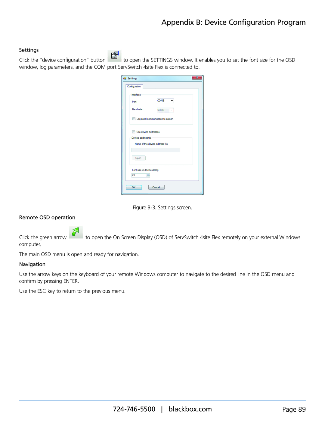 Black Box servswitch 4site flex, KVP40004A manual Settings Click the device configuration button 