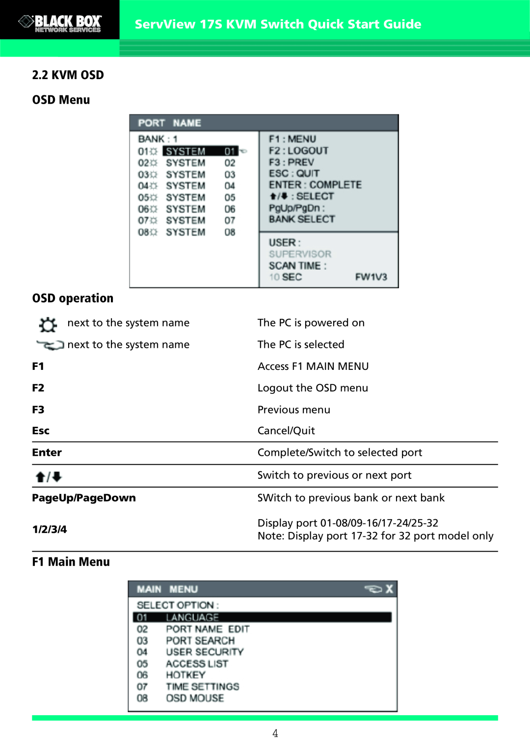 Black Box KVT128AE-UK-16-R2 OSD operation, F1 Main Menu, ServView 17S KVM Switch Quick Start Guide, 2.2KVM OSD OSD Menu 