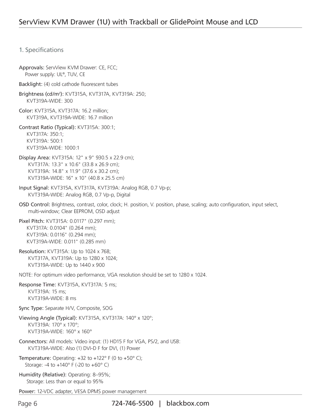 Black Box KVT315A, KVT317A, KVT319A-WIDE, ServView KVM Drawer (1U) with Trackball or GlidePoint Mouse manual Specifications 