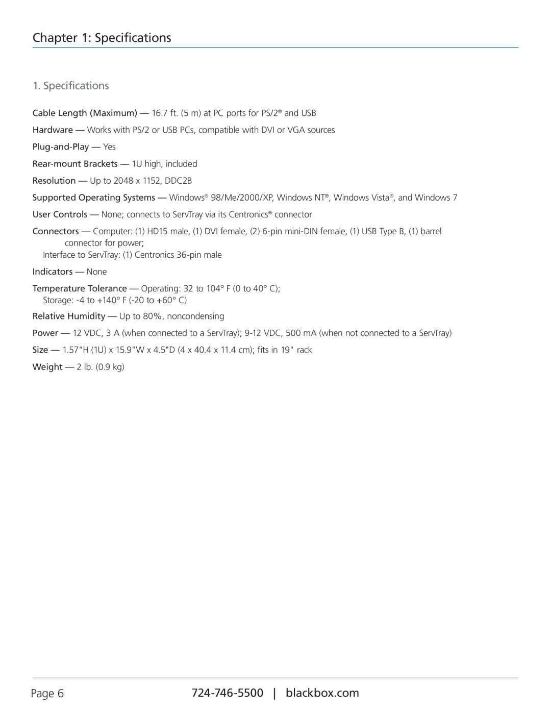 Black Box KVT6S1UV, DVI/VGA USB/PS2 1-Port KVM Module manual Specifications 