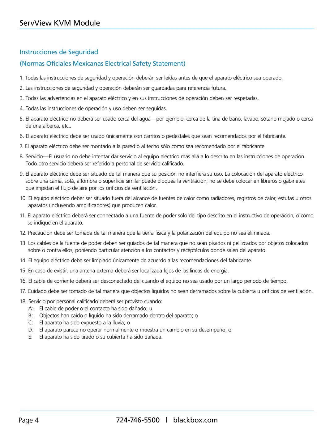 Black Box KVT1IP8CATUV, KVT8CATUV Instrucciones de Seguridad, Normas Oficiales Mexicanas Electrical Safety Statement, Page 