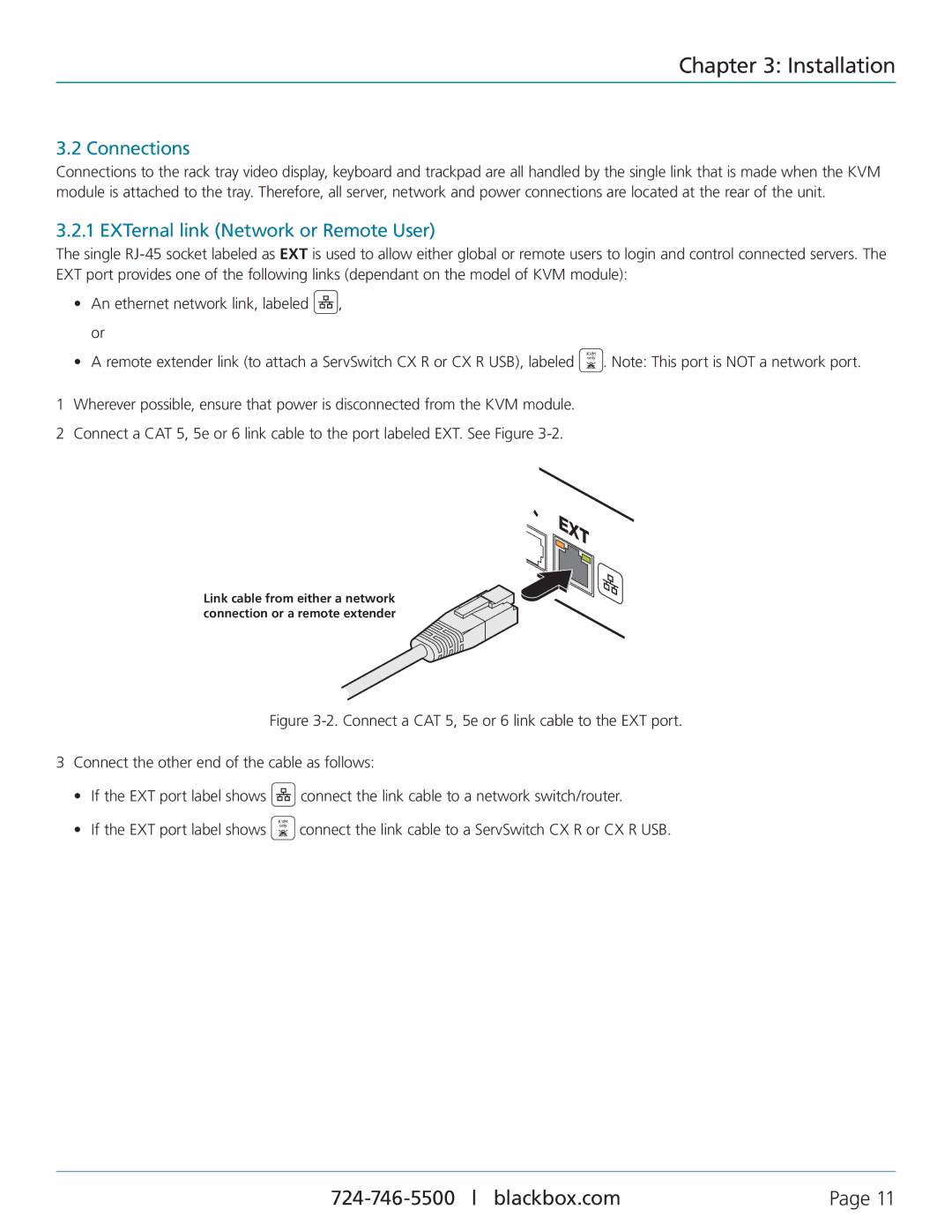 Black Box KVM Modules for ServView Rack Tray, KVT8CATUV Installation, Connections, EXTernal link Network or Remote User 