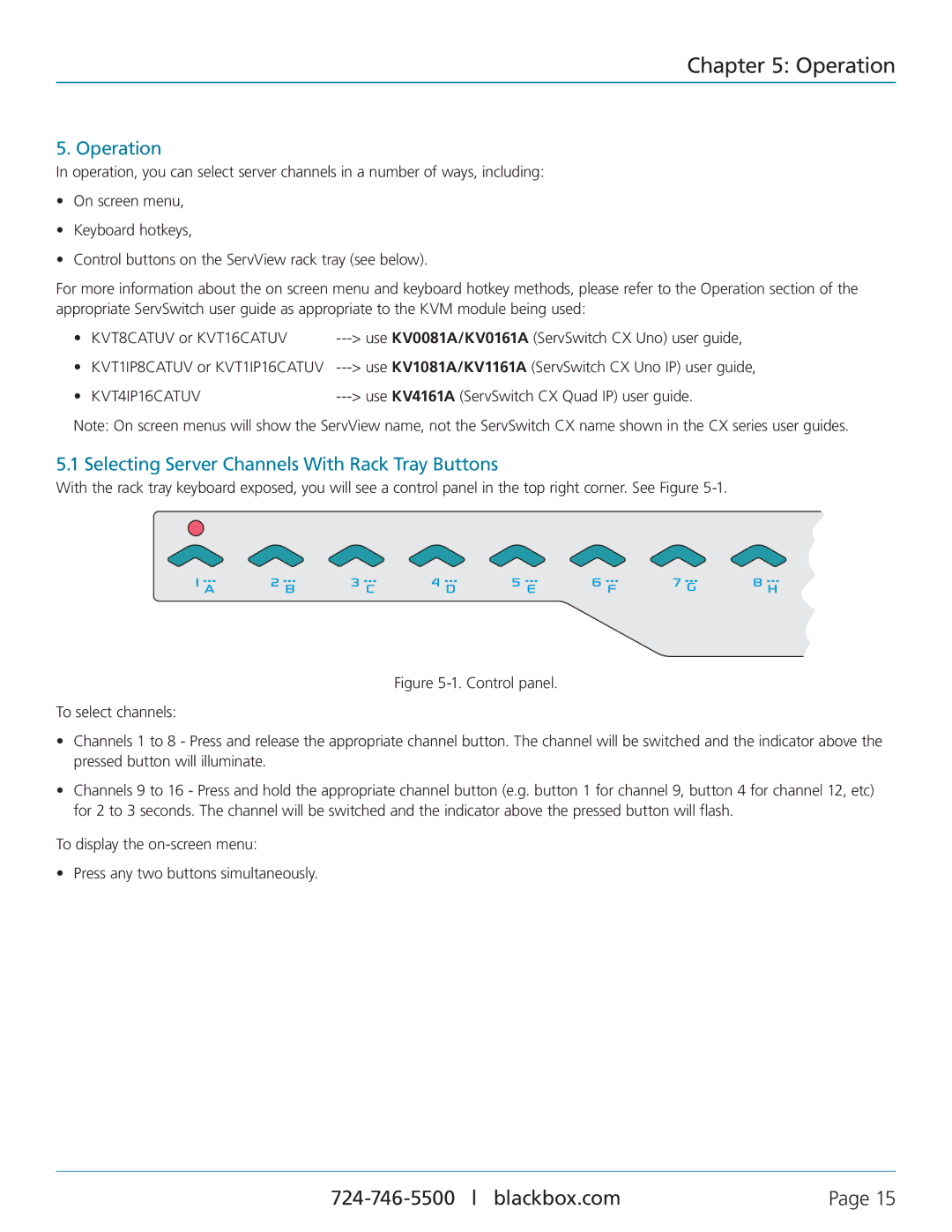 Black Box KVT16CATUV, KVT8CATUV, KVT4IP16CATUV, KVT1IP16CATUV Operation, Selecting Server Channels With Rack Tray Buttons 