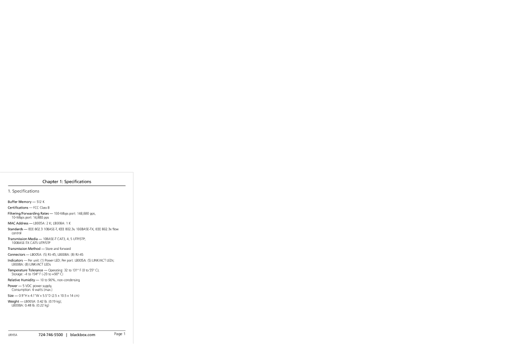 Black Box Black Box 5- and 8-Port Fast Ethernet Switches, LB008A, LB005A manual Specifications 