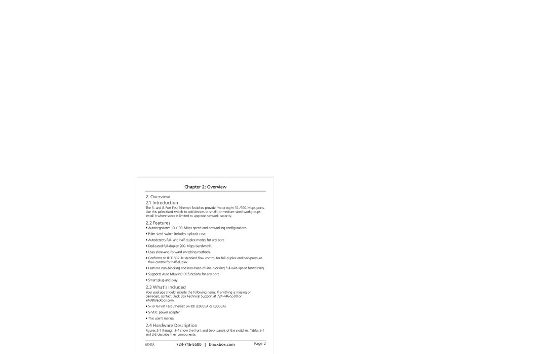 Black Box LB008A, LB005A manual Overview Introduction, Features, What’s Included, Hardware Description 