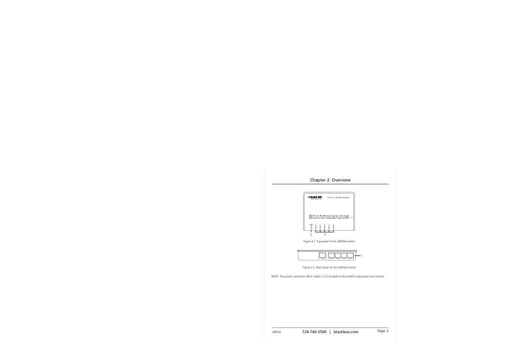 Black Box LB008A, Black Box 5- and 8-Port Fast Ethernet Switches manual Top panel of the LB005A switch 