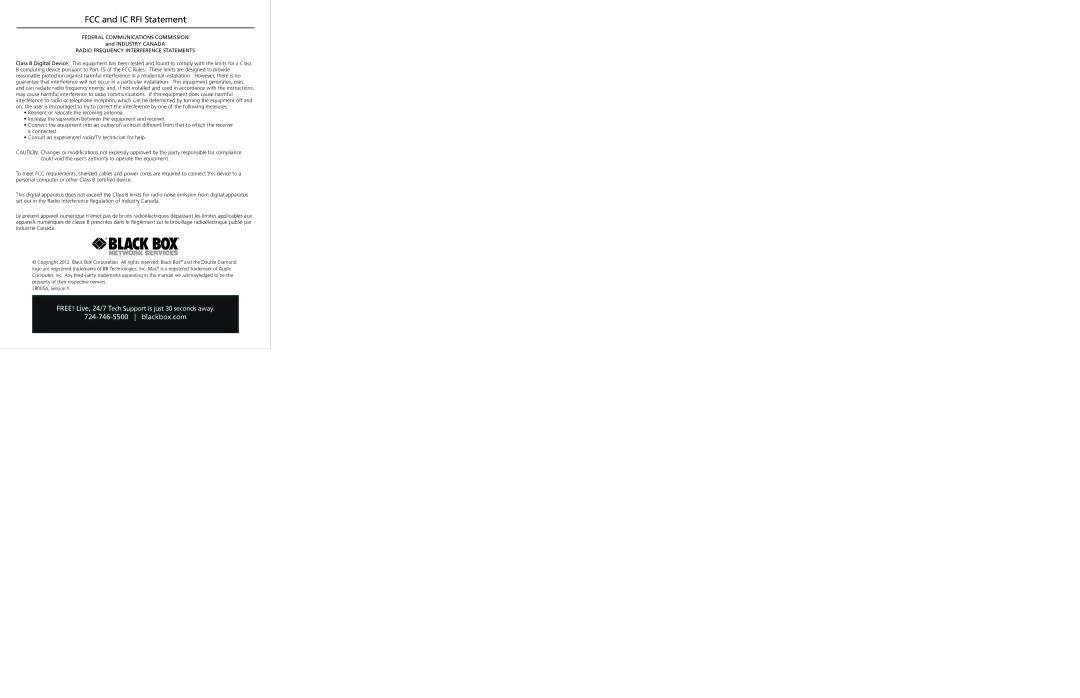 Black Box Black Box 5- and 8-Port Fast Ethernet Switches, LB008A, LB005A manual FCC and IC RFI Statement 