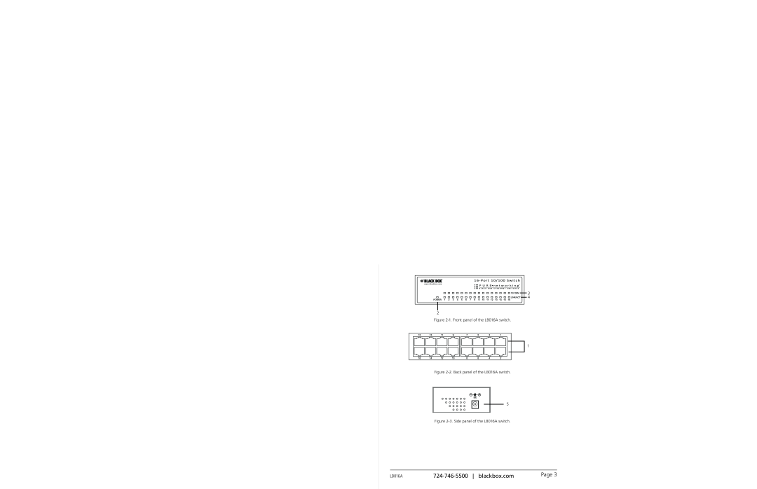 Black Box specifications blackbox.com, 3 4 2 -1.Front panel of the LB016A switch, 2.Back panel of the LB016A switch 