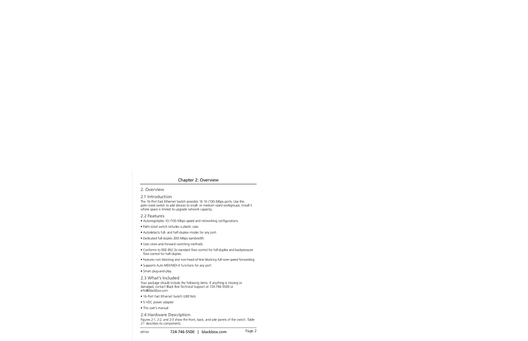 Black Box 16-Port Fast Ethernet Switch, LB016A Overview Introduction, Features, What’s Included, Hardware Description 