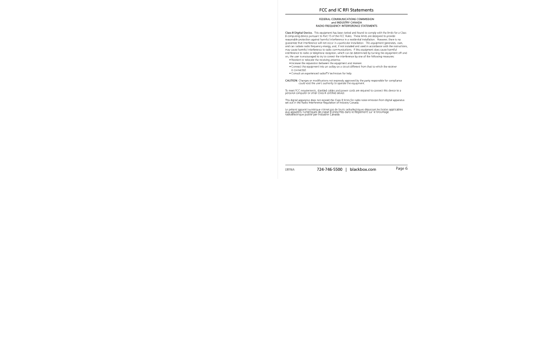 Black Box 16-Port Fast Ethernet Switch, LB016A FCC and IC RFI Statements, Radio Frequency Interference Statements 