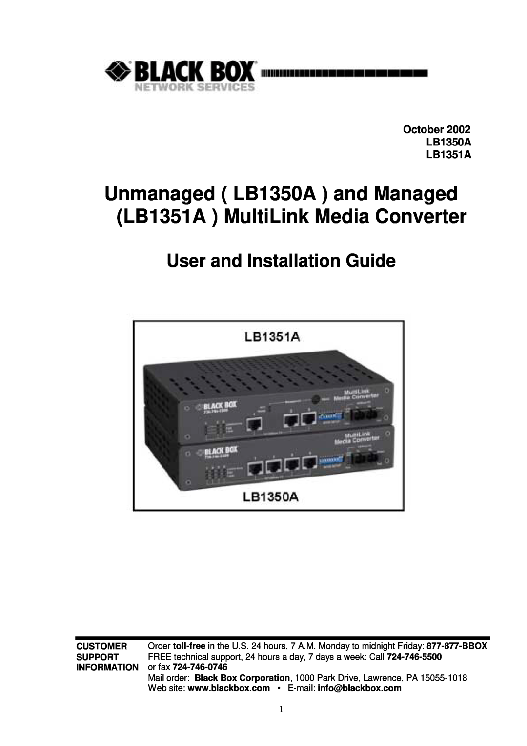 Black Box manual Unmanaged LB1350A and Managed LB1351A MultiLink Media Converter, User and Installation Guide 