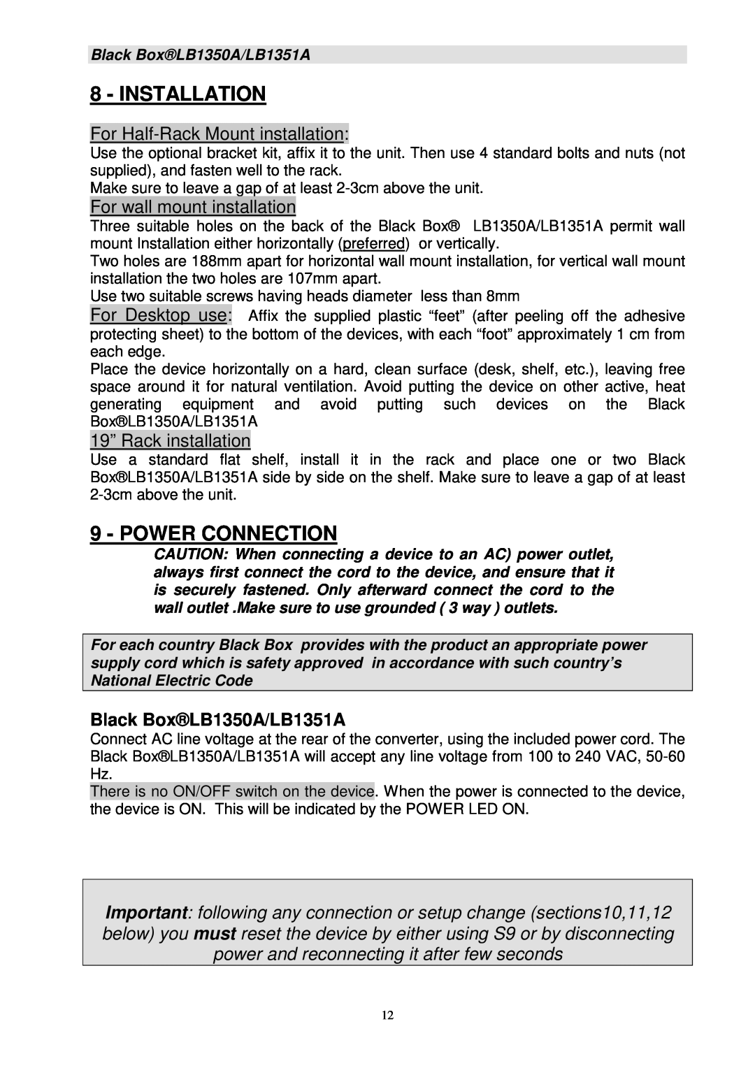 Black Box manual Installation, Power Connection, Black BoxLB1350A/LB1351A 